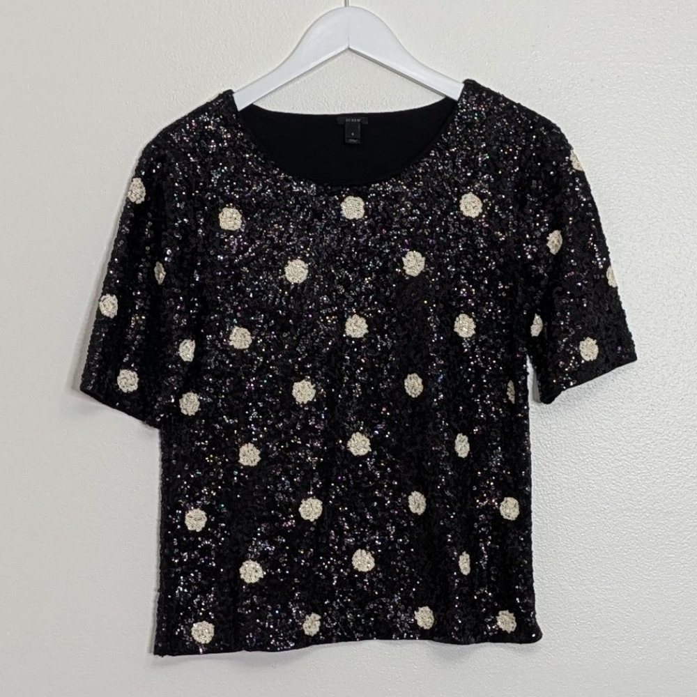J. Crew Blouse Small Black Polka Dot Sequin Short Sleeve Cotton Holiday